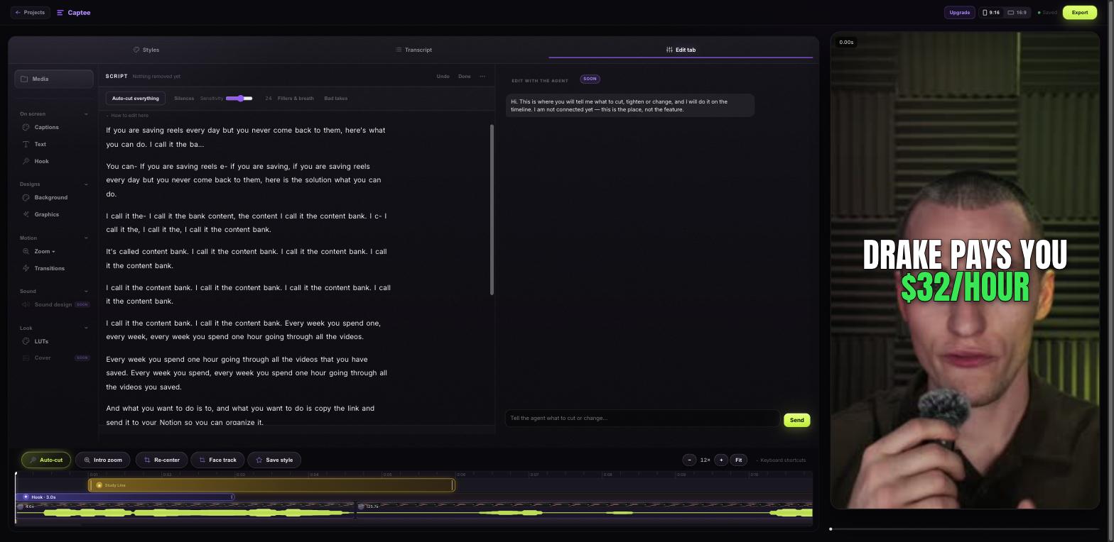 The Edit tab: the transcript on the left with removed takes struck through, the preview on the right